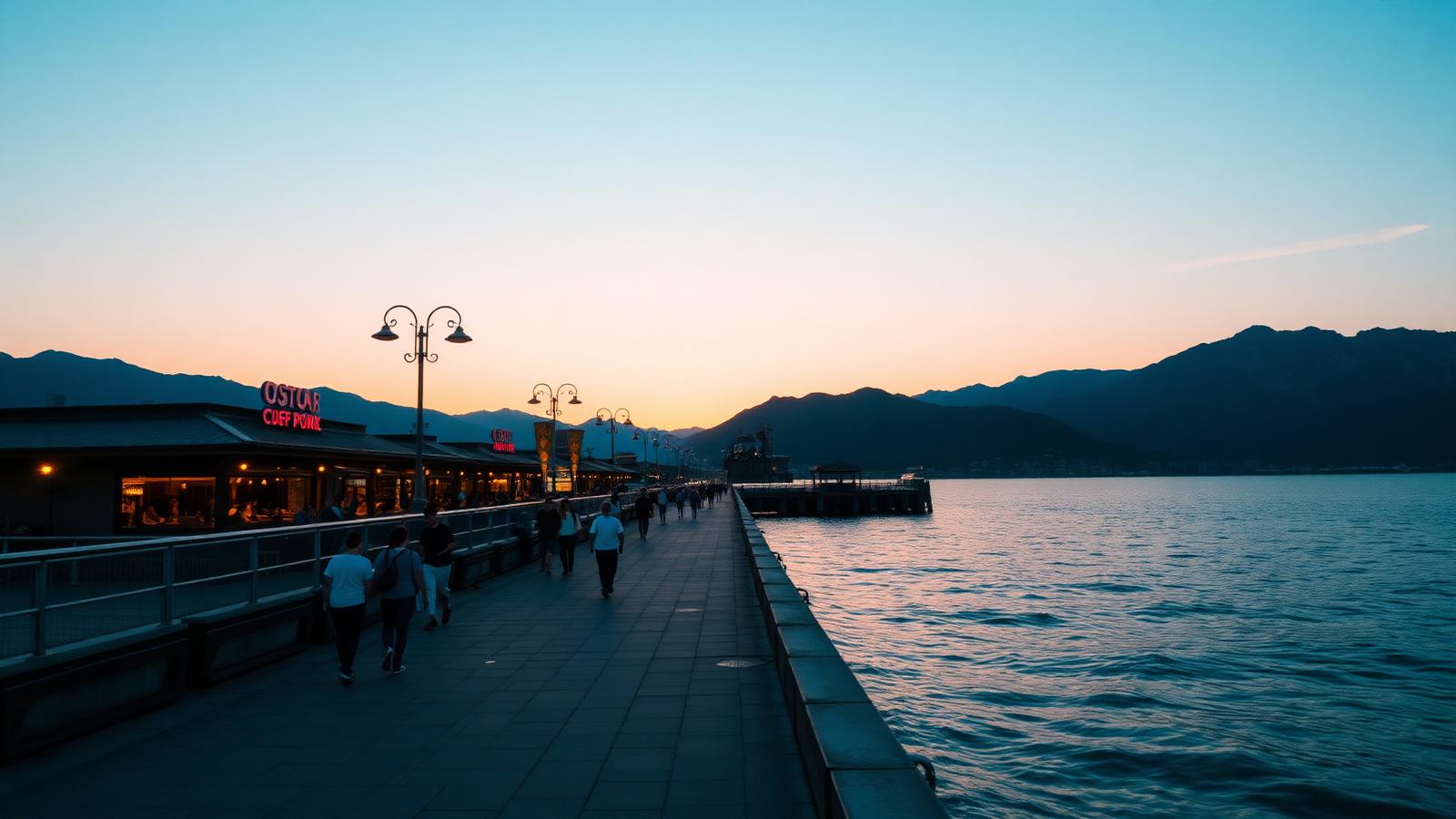 Waterfront boardwalk with restaurants at sunset